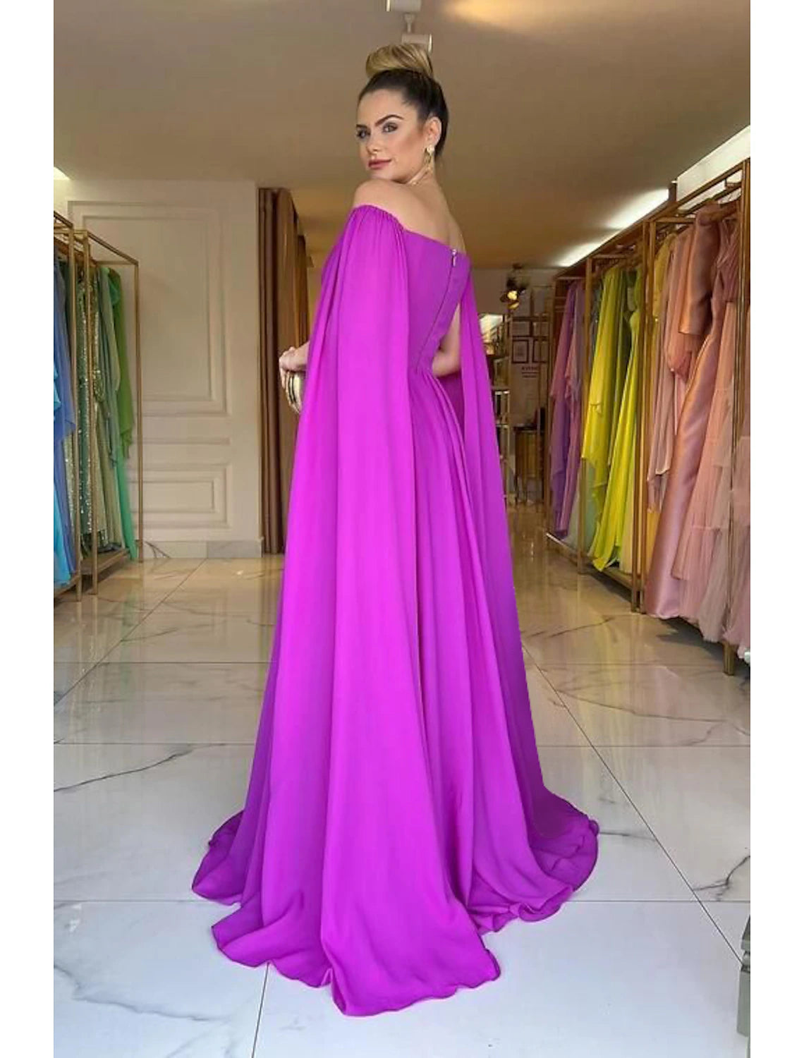 A-Line Evening Gown Elegant Dress Formal Sweep / Brush Train Sleeveless Off Shoulder Capes Chiffon