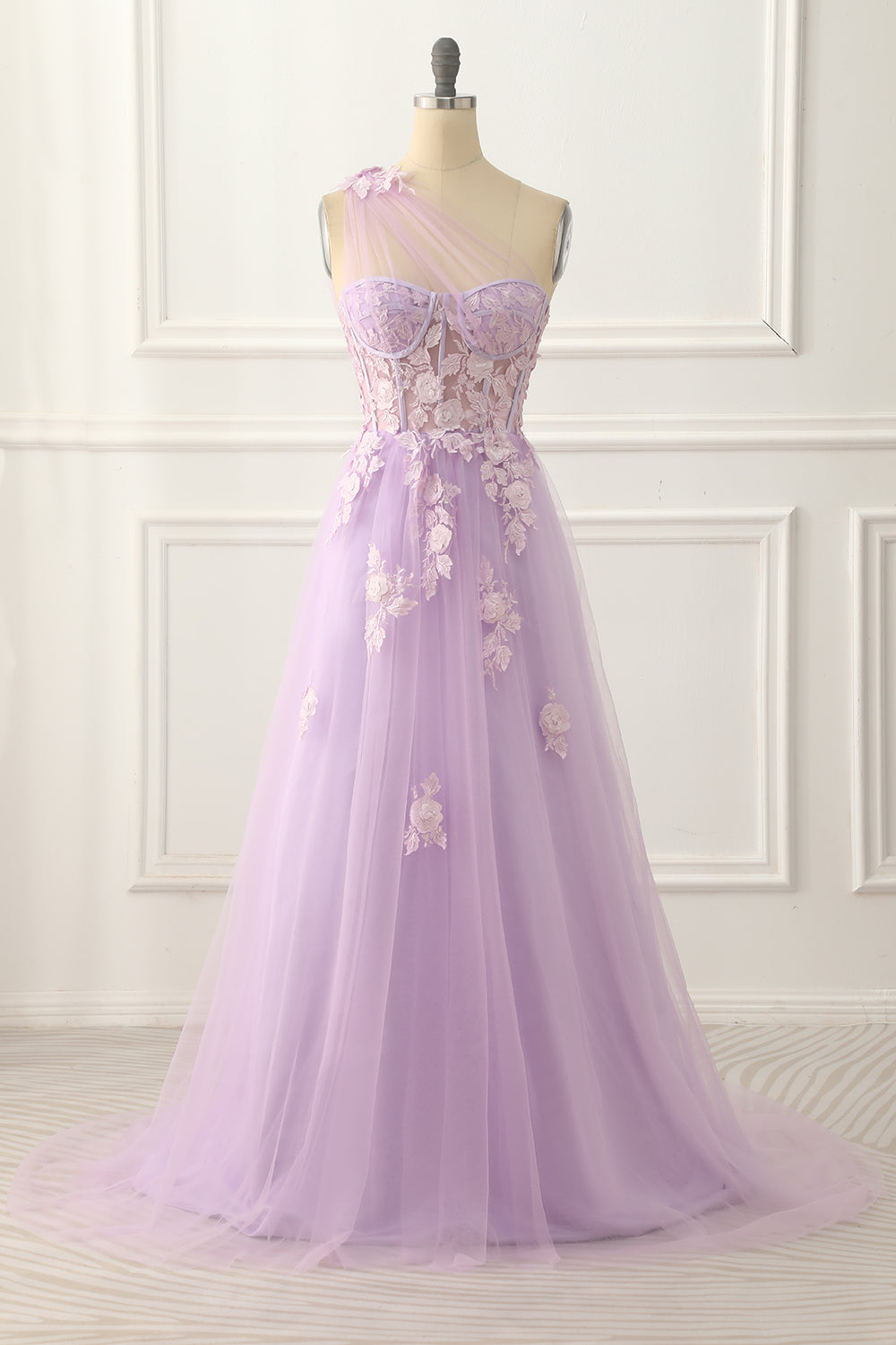 One Shoulder A-Line Tulle Lavender Prom Dress With Appliques Long