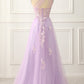 One Shoulder A-Line Tulle Lavender Prom Dress With Appliques Long