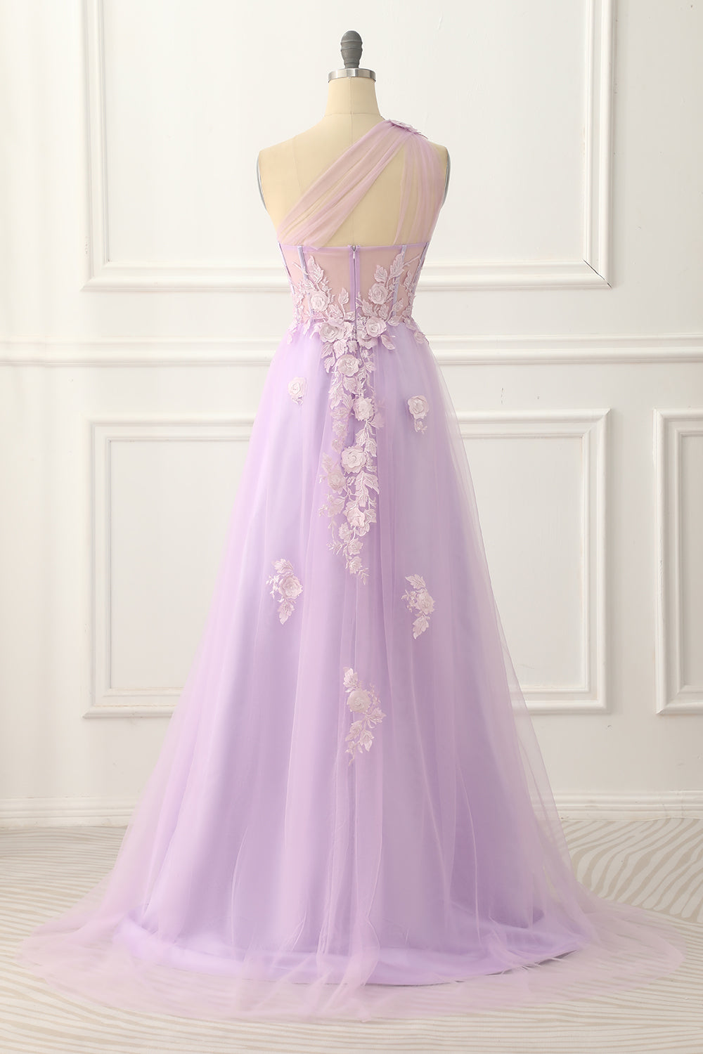 One Shoulder A-Line Tulle Lavender Prom Dress With Appliques Long