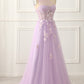 One Shoulder A-Line Tulle Lavender Prom Dress With Appliques Long