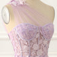 One Shoulder A-Line Tulle Lavender Prom Dress With Appliques Long