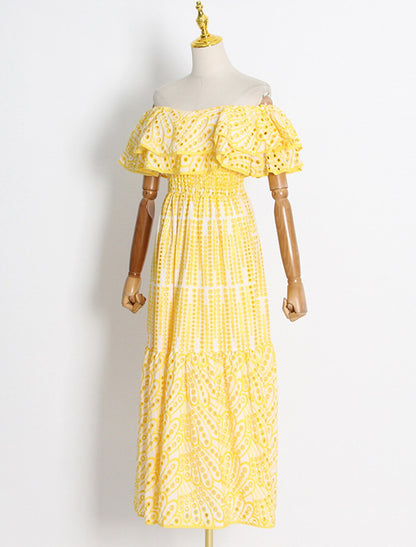 A-Line Wedding Guest Dresses Casual Dress Holiday Ankle Length Short Sleeve Off Shoulder Polyester with Ruffles