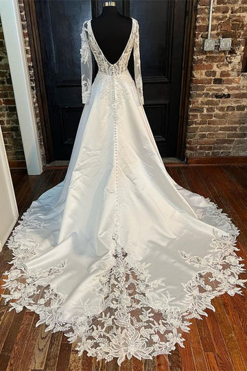 White Queen Anne Long Sleeve A-Line Wedding Dress Beautiful