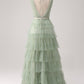 A-Line V Neck Tiered Floor Length Tulle Maxi Dress With Slit Prom Dresses