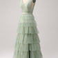 A-Line V Neck Tiered Floor Length Tulle Maxi Dress With Slit Prom Dresses