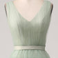 A-Line V Neck Tiered Floor Length Tulle Maxi Dress With Slit Prom Dresses