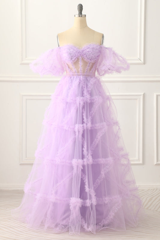 Off The Shoulder A-Line Tulle Lavender Prom Dress Long