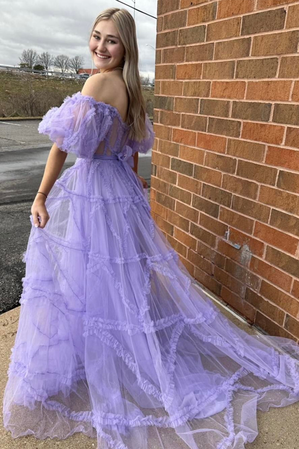 Purple Tulle Off The Shoulder Prom Dress Long Sexy