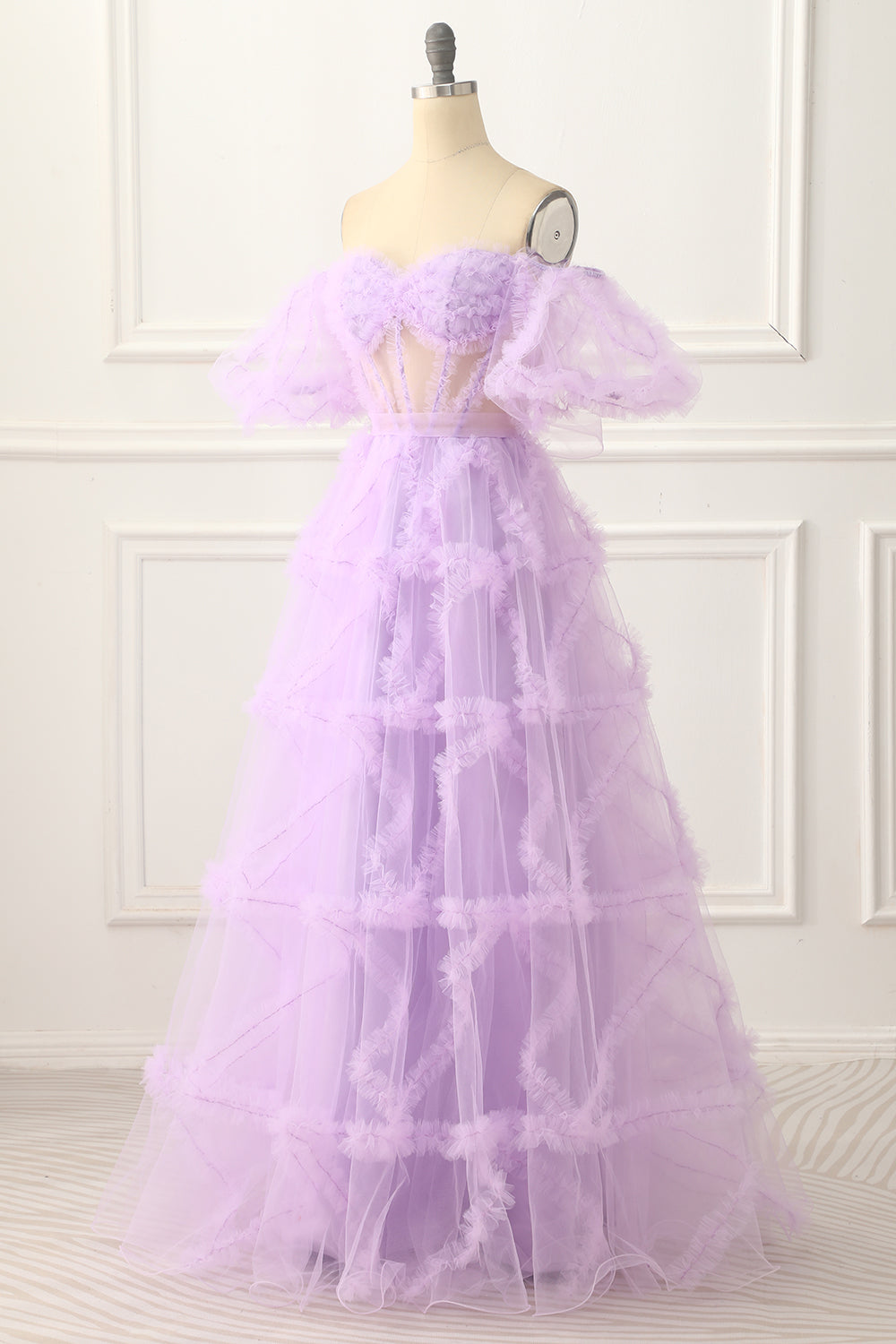 Off The Shoulder A-Line Tulle Lavender Prom Dress Long