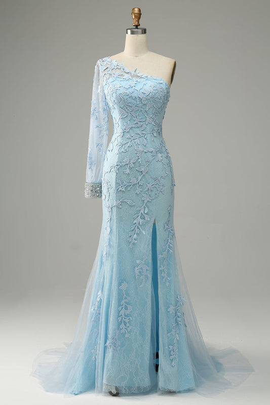 Sky Blue One Shoulder Mermaid Prom Dress With Appliques Sexy