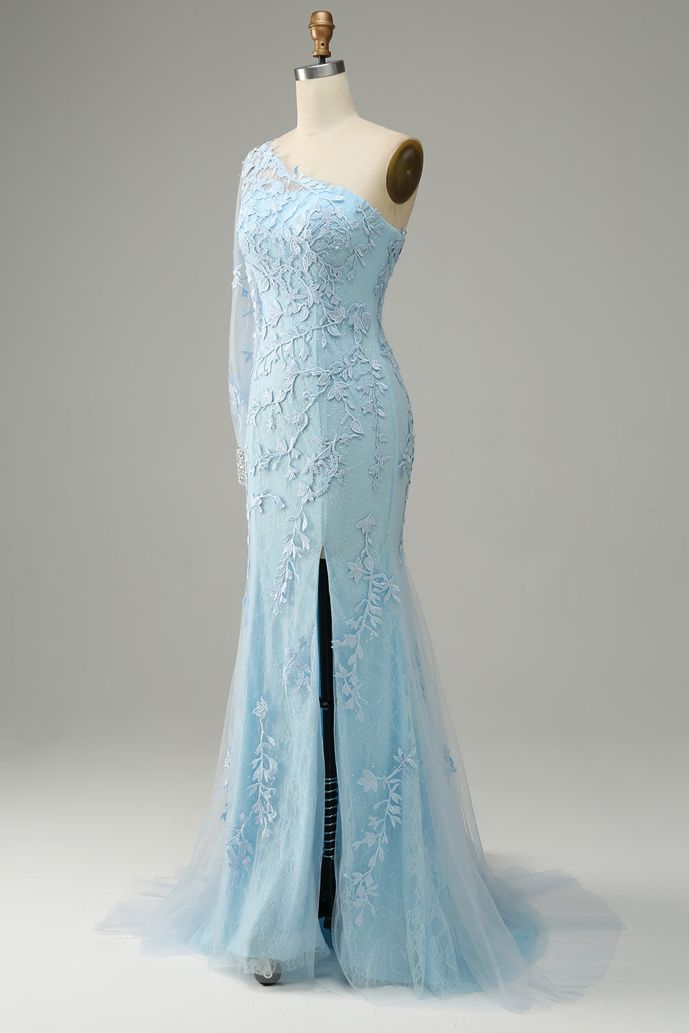 Sky Blue One Shoulder Mermaid Prom Dress With Appliques Sexy