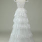 White A Line Off The Shoulder Tiered Tulle Long Wedding Dress Sexy