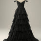 Black Off The Shoulder Tiered Tulle Long Prom Dress With Slit Sexy