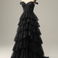 Black Off The Shoulder Tiered Tulle Long Prom Dress With Slit Sexy