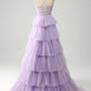 Tulle Tiered Princess Corset Prom Dress with Appliques Long With Flower