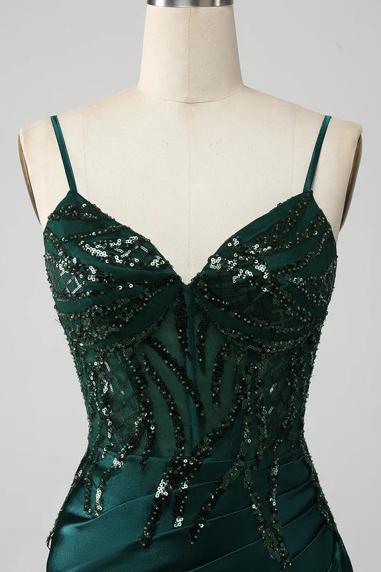 Sparkly Dark Green Mermaid Sequin Pleated Corset Prom Dress With Slit Evening Dress