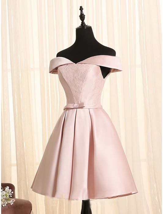 A-Line Minimalist Elegant Engagement Cocktail Party Dress Off Shoulder Sleeveless Short / Mini Satin with Bow(s)