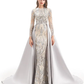 Luxurious Sparkle Prom Formal Evening Dress Jewel Neck Long Sleeve Detachable Sequined with Overskirt Pattern Print