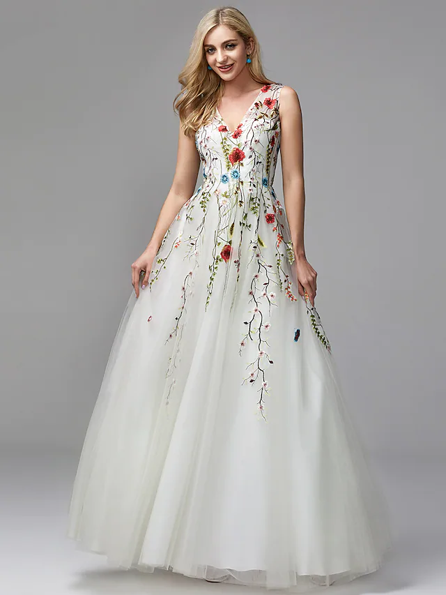 A-Line White Floral Quinceanera Formal Evening Valentine's Day Dress V Neck Sleeveless Floor Length Lace Tulle with Embroidery
