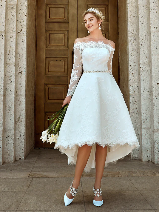A-Line Wedding Dresses Off Shoulder Asymmetrical Lace Long Sleeve Casual Plus Size Illusion Sleeve with Lace Crystal
