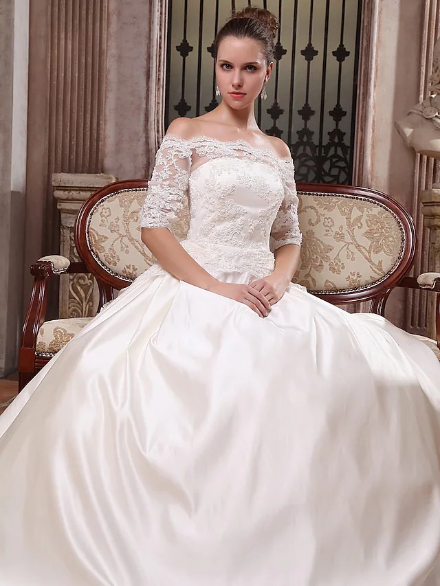 Ball Gown Wedding Dresses Scalloped-Edge Off Shoulder Court Train Satin Half