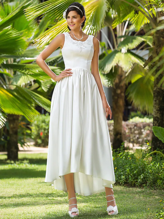 A-Line Wedding Dresses Scoop Neck Asymmetrical Satin Sleeveless with Beading Appliques Pocket