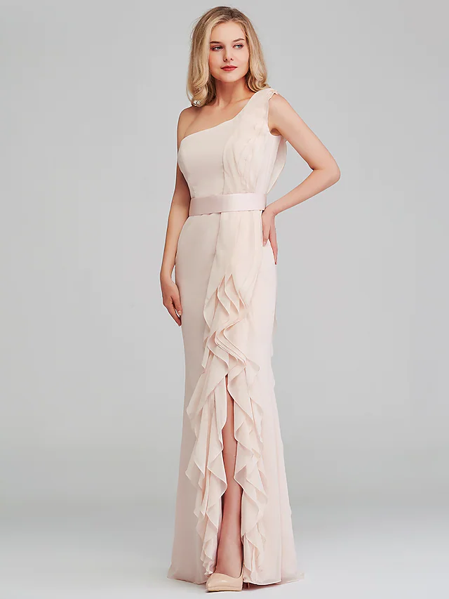 Pearl Pink Shoulder Long Length Chiffon Bridesmaid Dress with Cascading Ruffles