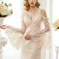 Wedding Dresses Plunging Neck Sheer Lace Long Sleeve Wedding Dress in Color Open Back Floral Lace with Bow(s)
