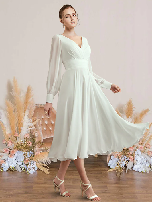 A-Line Wedding Dresses V Neck Tea Length Chiffon Long Sleeve Simple with Pleats Pure Color
