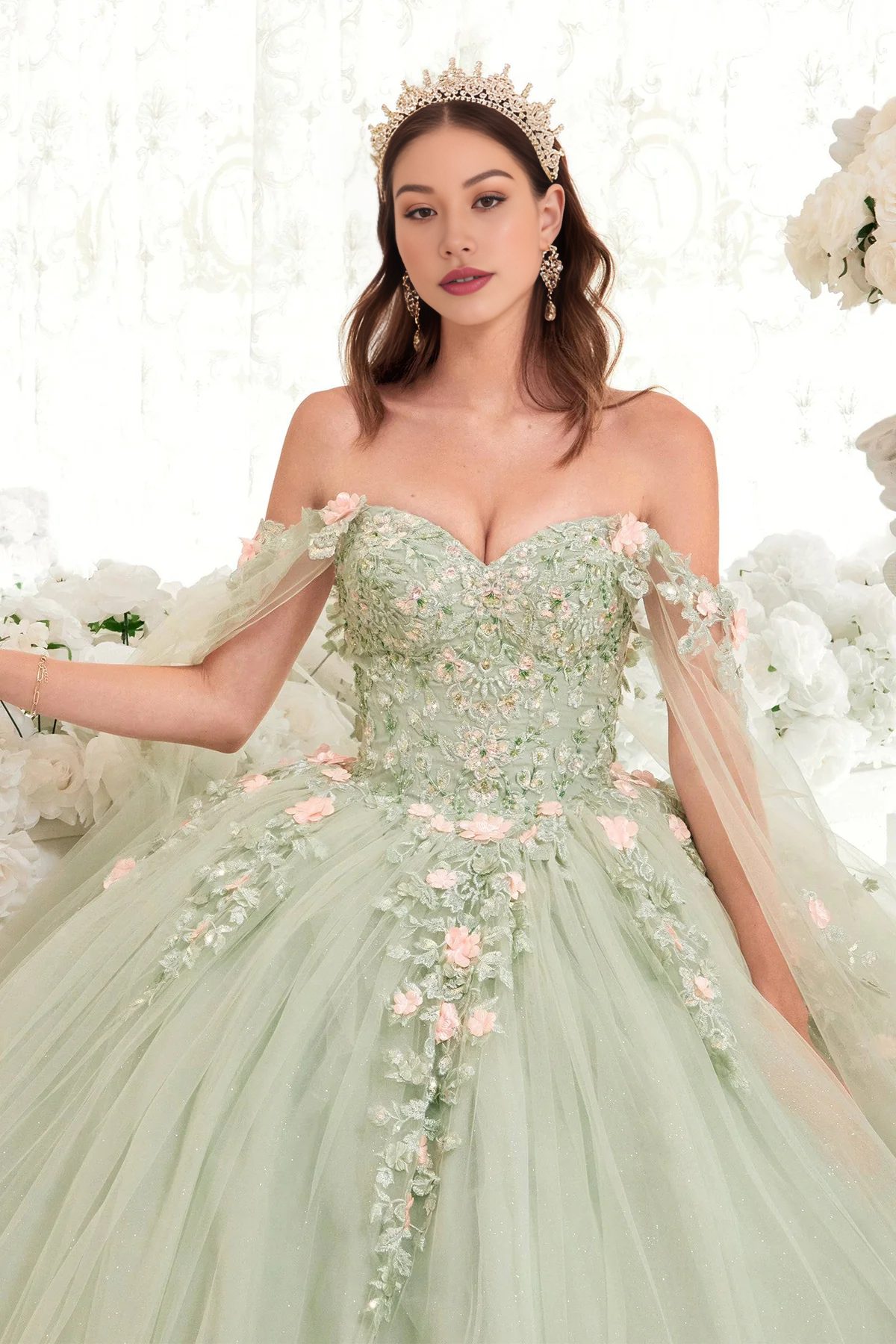 Sage & Floral Blush Ball Gown Quinceanera Dress Off Shoulder With Flowers