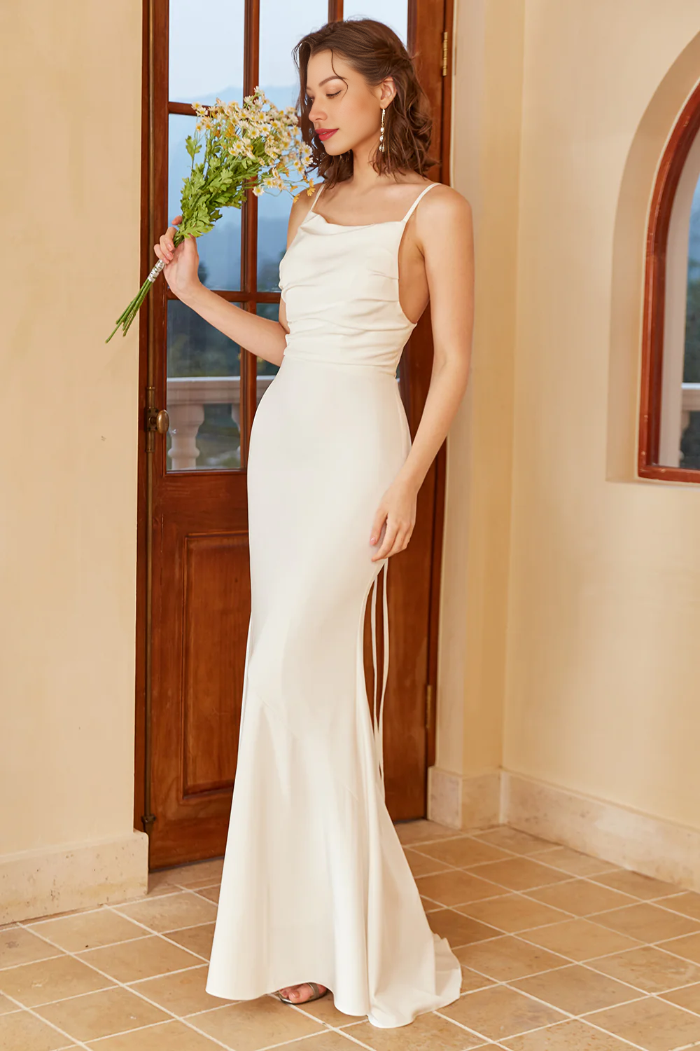 Simple Mermaid Boho Slip Dress Backless Long Wedding Dress Pure Color