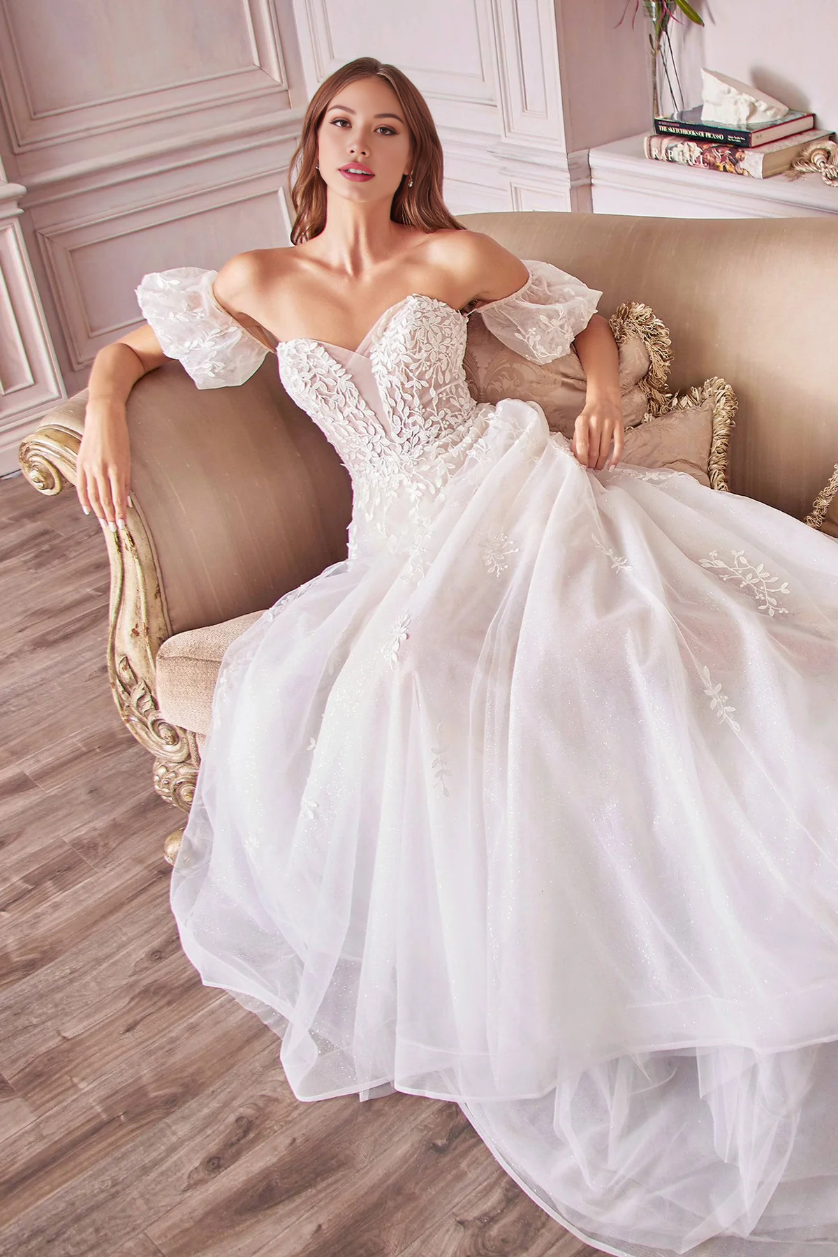 Off Shoulder Floral Lace Wedding Gown with Flowing Train Wedding Dresses