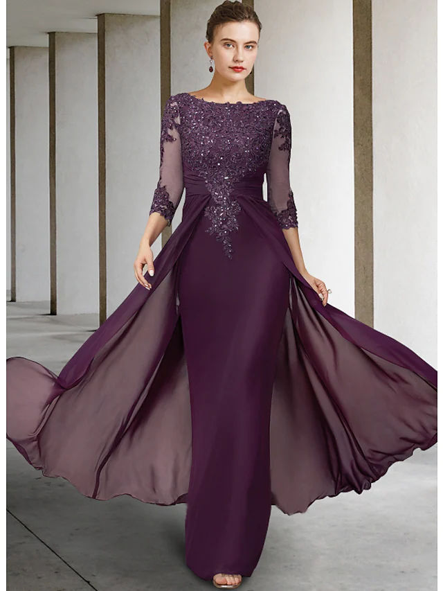 Mother of the Bride Dress Elegant Sparkle & Shine Jewel Neck Asymmetrical Floor Length Chiffon Lace 3/4 Length Sleeve with Sequin