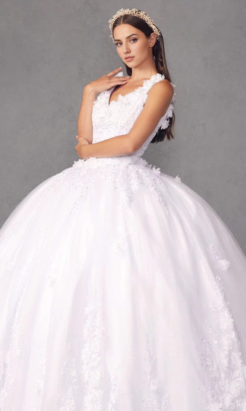 Traditional White Quinceanera Dress V-neck Long With Flowers