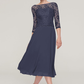 A-linePrincess Bateau 34 Sleeve Tea-Length Chiffon Mother of the Bride Dress With Beading Lace Pure Color