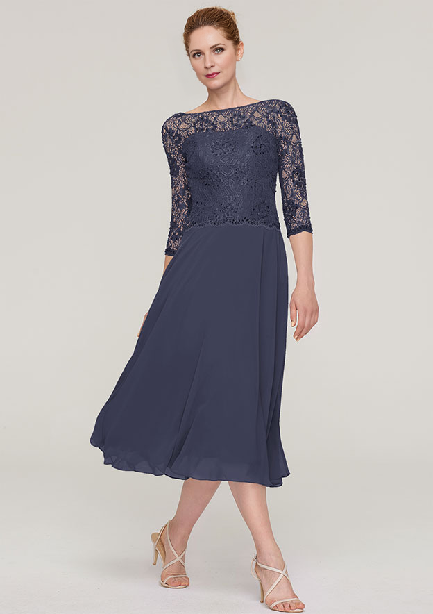 A-linePrincess Bateau 34 Sleeve Tea-Length Chiffon Mother of the Bride Dress With Beading Lace Pure Color