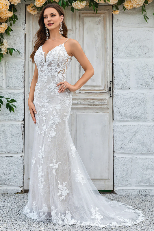 Ivory Mermaid Lace Long Wedding Dress V-neck Sexy