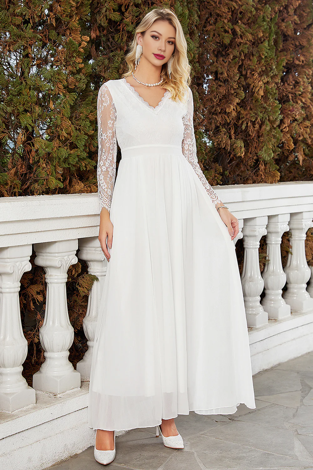 White A-Line V-Neck Chiffon Wedding Dress With Long Sleeves Beautiful