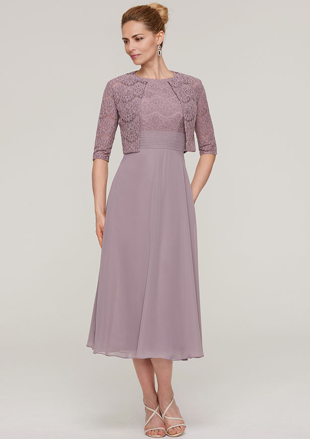 A-linePrincess Scoop Neck Sleeveless Tea-Length Chiffon Mother of the Bride Dress With Lace Jack Shortet