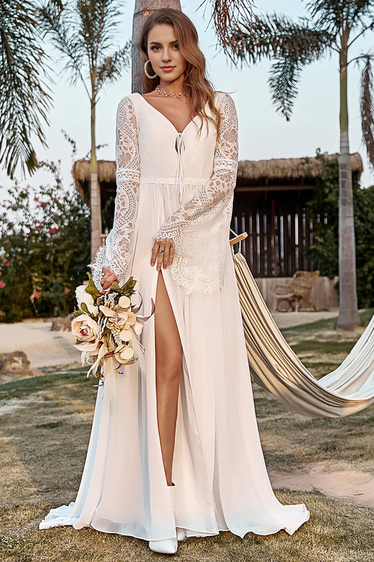 Ivory Lace Chiffon Trumpet Sleeve Boho Wedding Dress V-neck