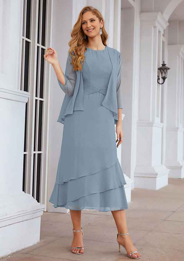 A-line Bateau Tea-Length Chiffon Mother of the Bride Dress With Pleated and Jacket Pure Color