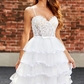 White A-Line Sparkly Sequin Ruffle Skirt Corset Tiered Prom Dress With Slit Long