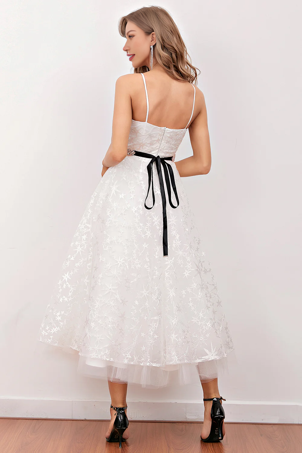 Off Shoulder Short White Lace Midi Prom Dress (Belt Not Included)