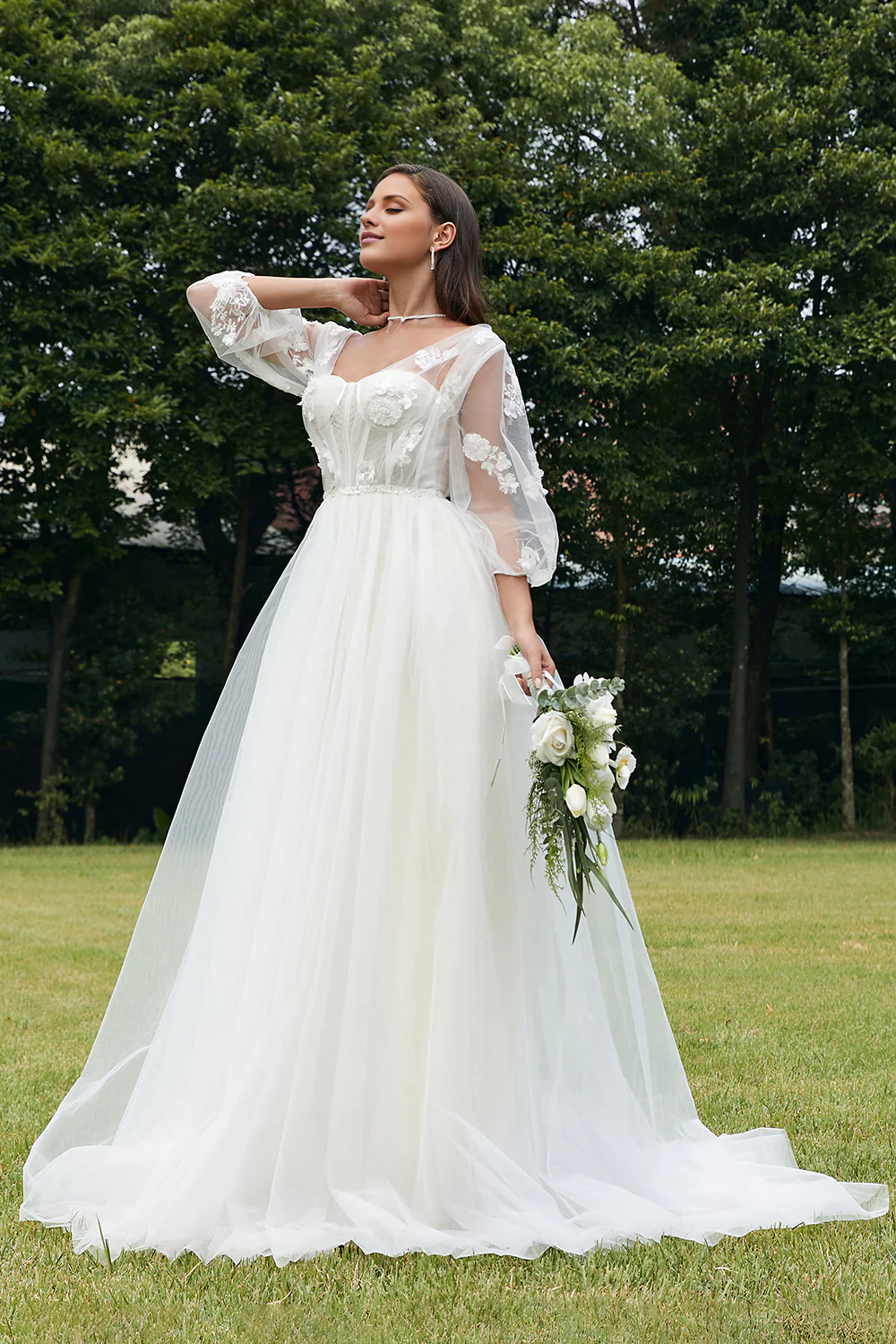 Ivory Puff Sleeves Corset Wedding Dress with 3D Flowers V-neck