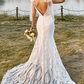 Ivory Mermaid Lace Sweep Train Boho Wedding Dress With Bowknots V-neck