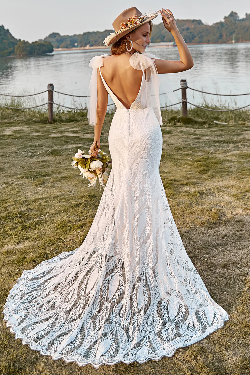 Ivory Mermaid Lace Sweep Train Boho Wedding Dress With Bowknots V-neck