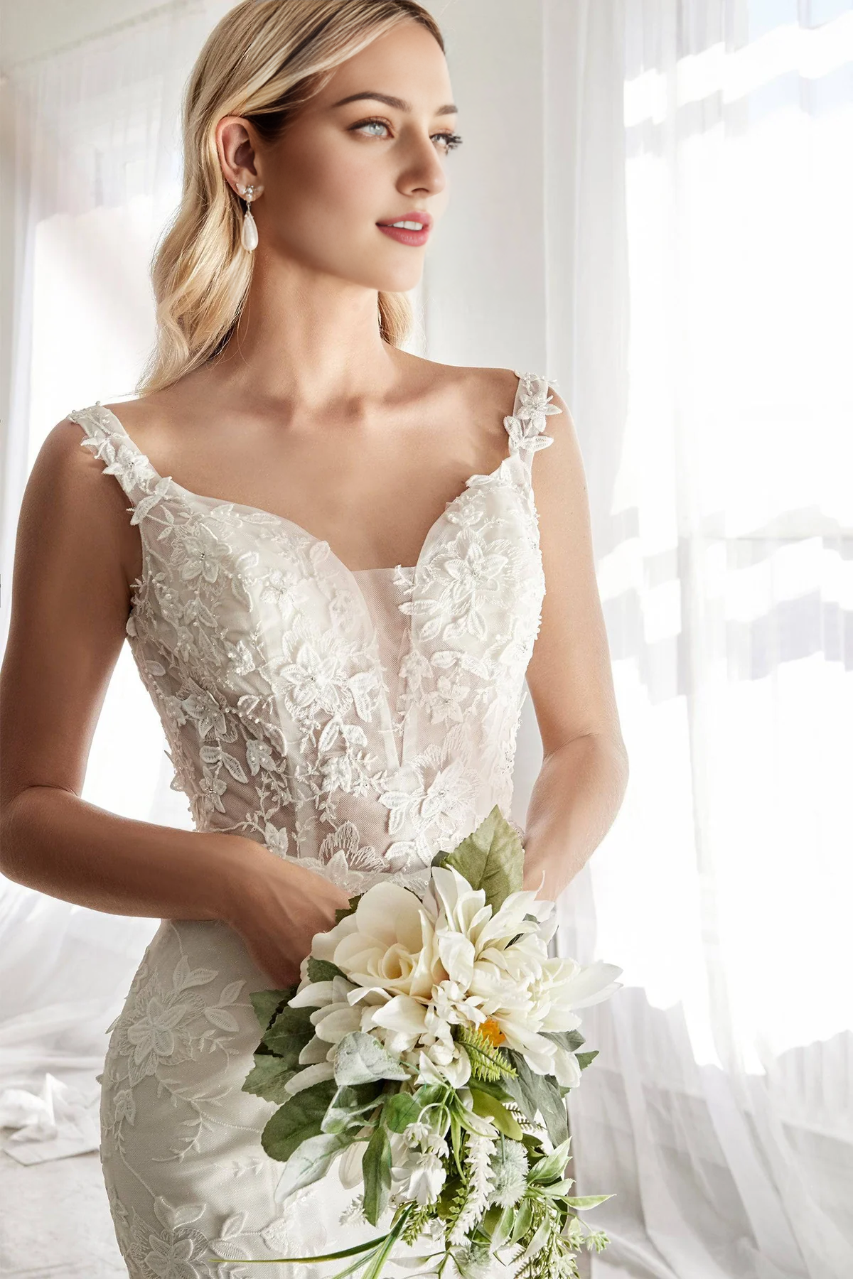 Stunning Wedding Gown with Deep Neckline and Floral Accents Off Shoulder