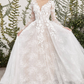 Long Sleeve Lace & Floral Wedding Dress with Flowing Train V-neck Sexy