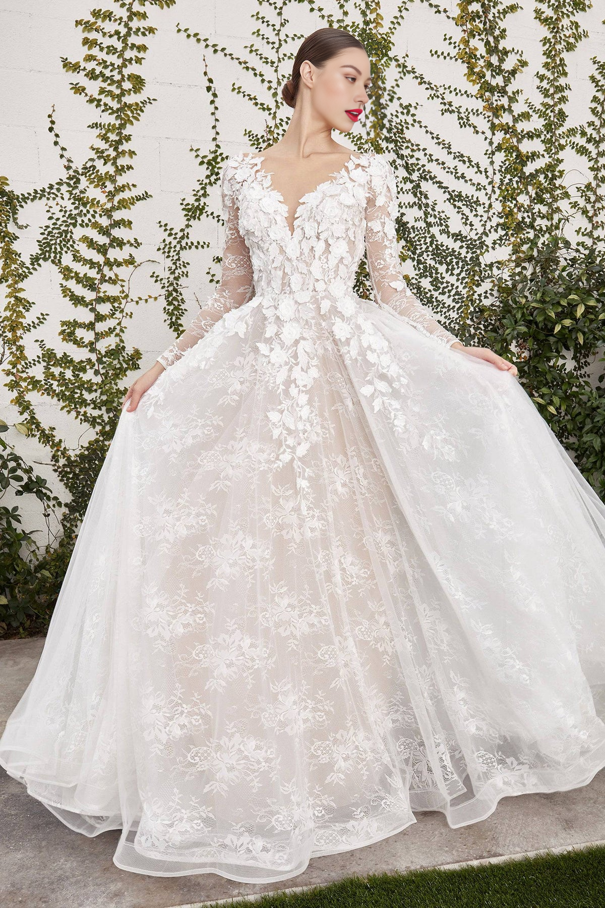 Long Sleeve Lace & Floral Wedding Dress with Flowing Train V-neck Sexy